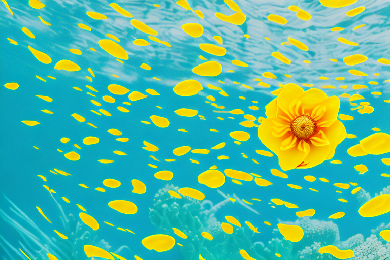 A vibrant yellow flower with delicate shrimp swimming around its petals in an underwater setting