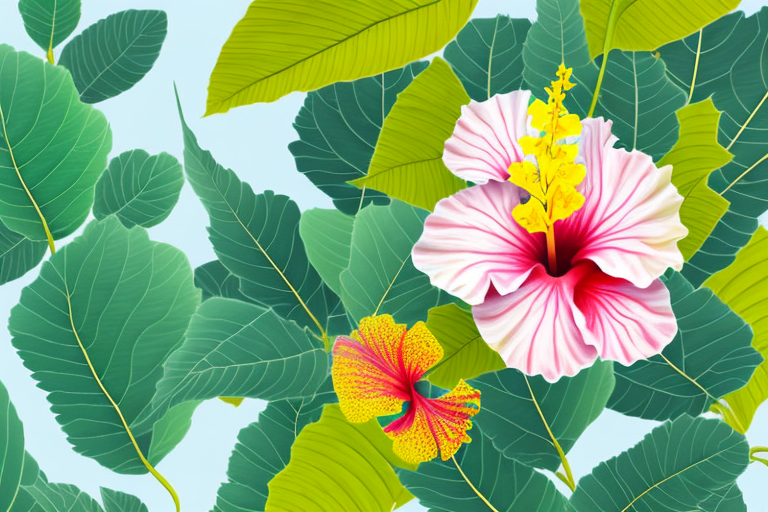 A hibiscus plant with several yellow leaves