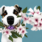 A dog with a mandevilla flower in its mouth