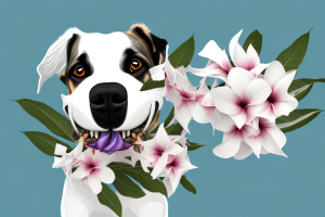 A dog with a mandevilla flower in its mouth