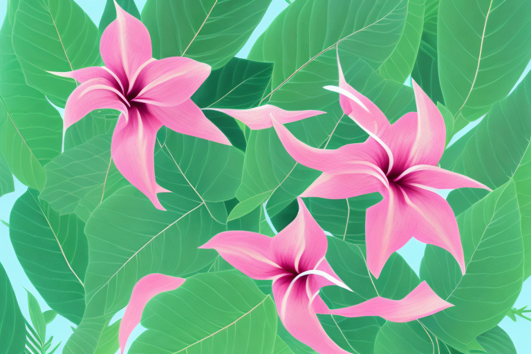 A mandevilla vine with its bright pink flowers and lush green foliage