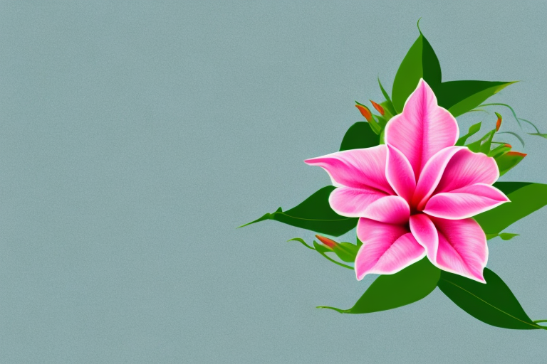 A bright pink mandevilla flower vine growing along a white picket fence