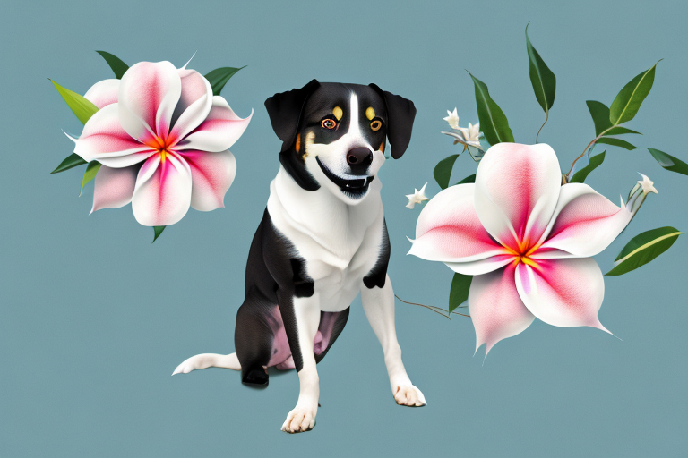 A dog playing with a mandevilla flower